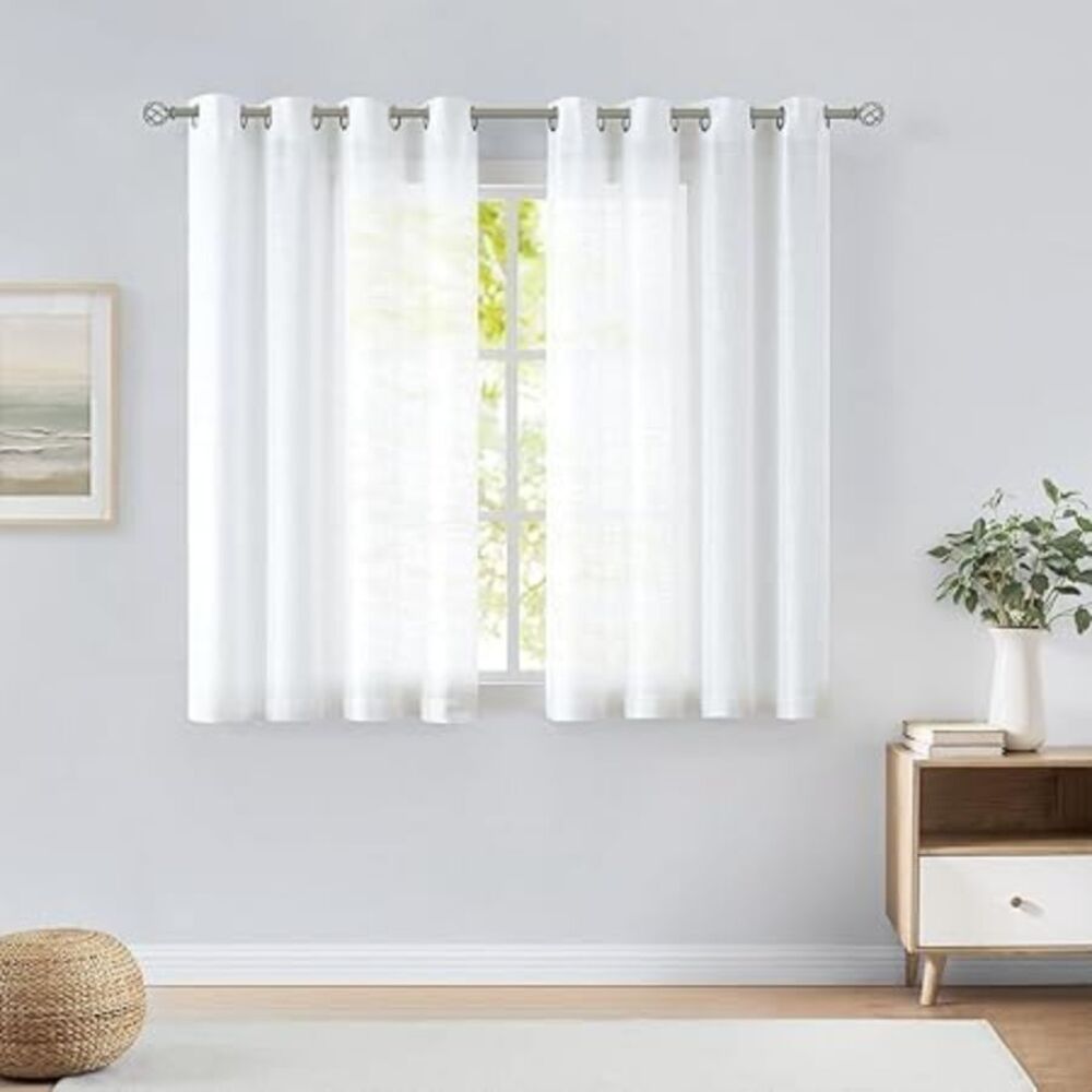 White Faux Linen Textured Sheer Curtain 54×54 Set of 2 – Lightweight, Rod Pocket